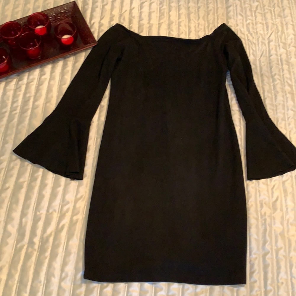 Black suede-like mini dress. Junior size Large